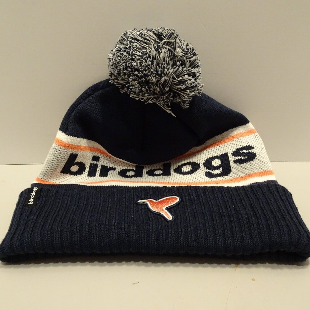 Bird Dogs Logo Spell Out Navy Blue White Peach Pom Cuffed Knit Beanie Hat